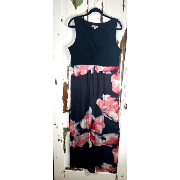 Susan Graver Size M Lined Maxi Dress Black Pink Abstract Floral Empire Waistband - Picture 4 of 14